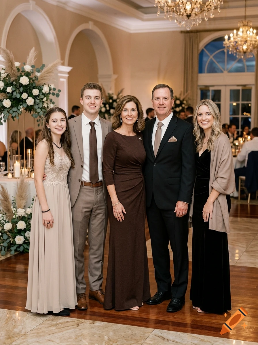 Photorealistic family of five posing together in formal wedding attire inside a ballroom with chandeliers.