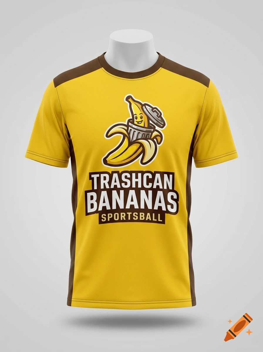 A yellow and brown sports jersey on a mannequin featuring a banana in a trash can logo and text reading Trashcan Bananas Sportsball.