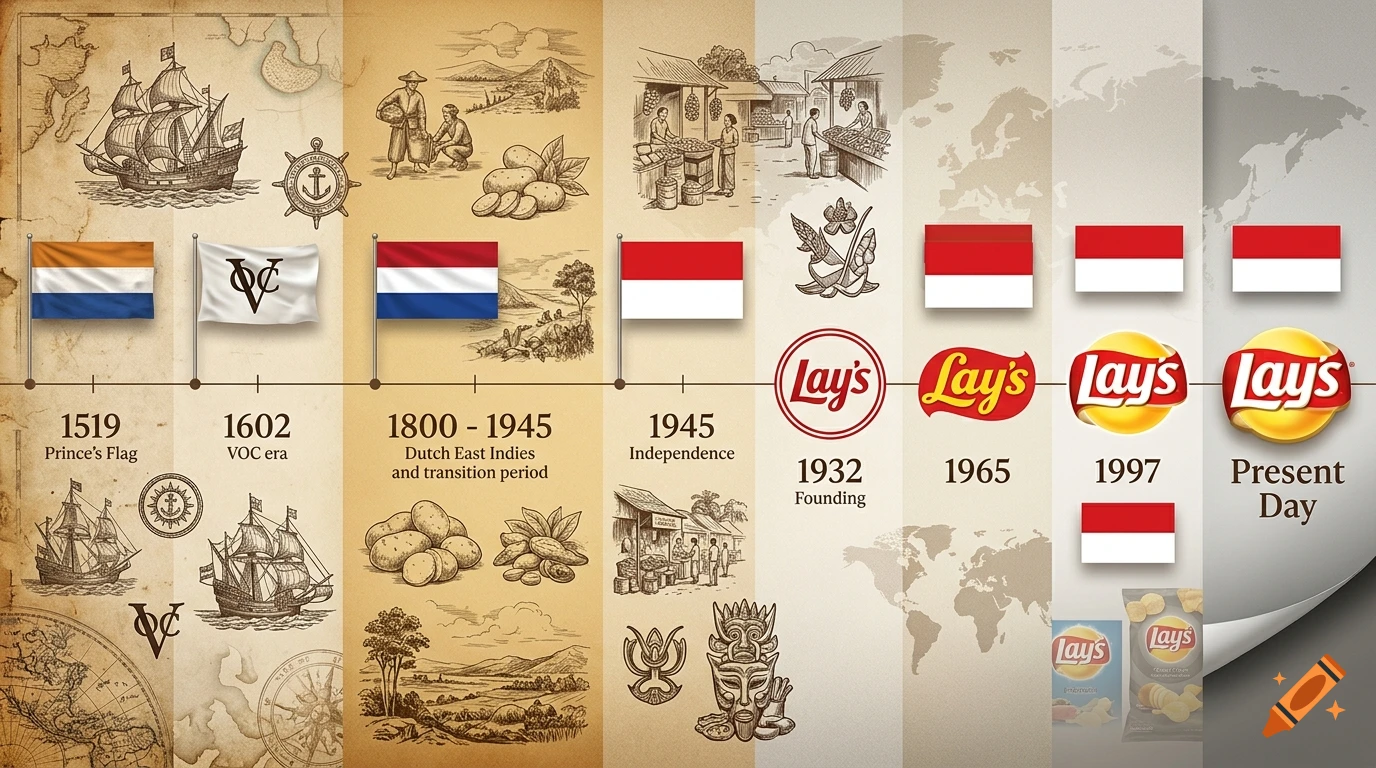 An illustrated historical timeline tracing the history from 1519 to the present day, featuring flags, maps, vintage sketches, and the evolution of the Lay's brand logo.