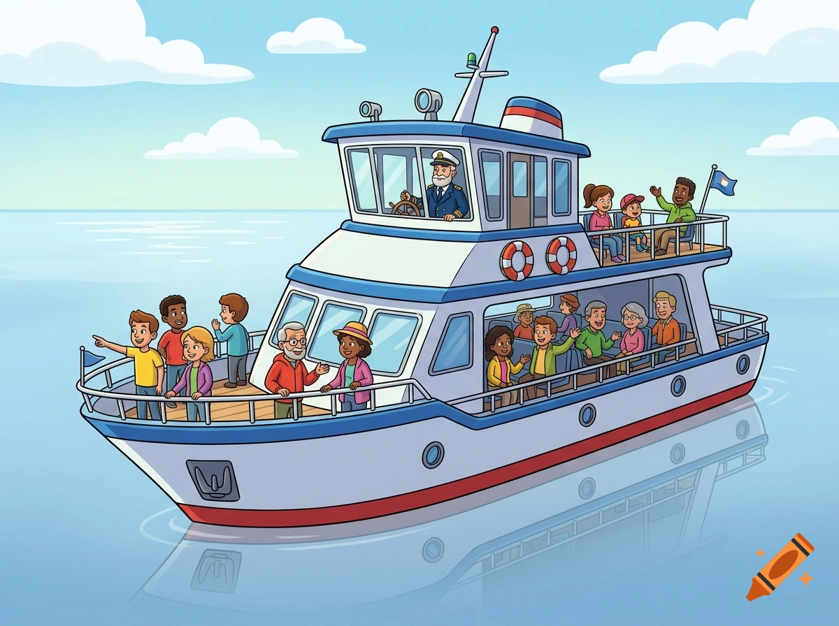 A cartoon illustration of a white and blue tour boat full of diverse passengers on calm blue water under a cloudy sky.