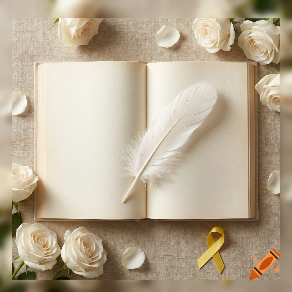 An open blank notebook rests on a textured surface, adorned with white roses, scattered petals, a white feather, and a small yellow ribbon.