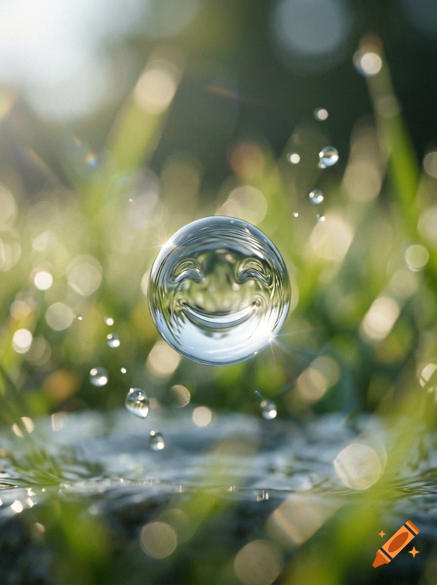 Close-up photorealistic shot of a clear water droplet shaped like a smiling emoji bouncing amid morning dew and green grass.