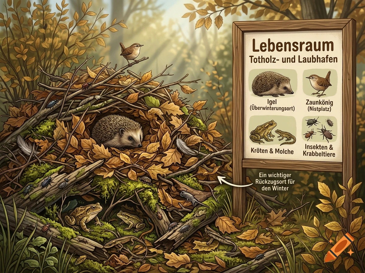 An educational illustration depicting a wildlife habitat pile of deadwood and leaves with a hedgehog, frogs, insects, and an informational sign.