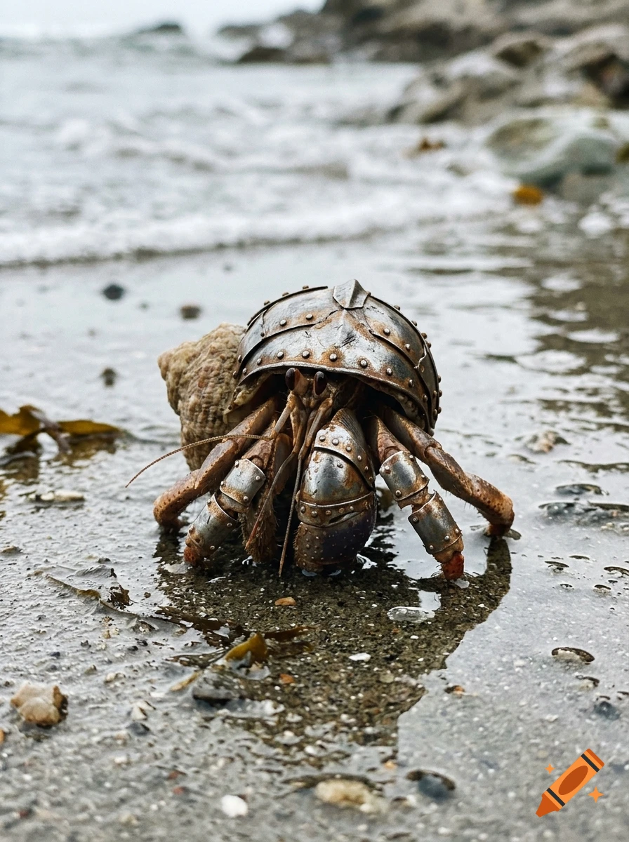 Close-up photorealistic shot of a hermit crab wearing metal medieval armor on a wet sandy beach.