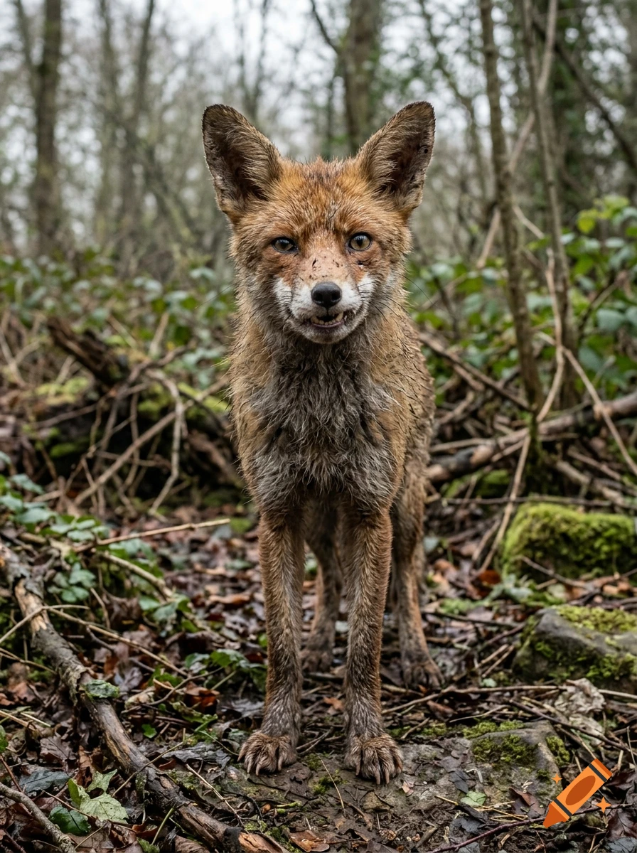 Photorealistic image of an ugly bipedal fox standing in a forest.