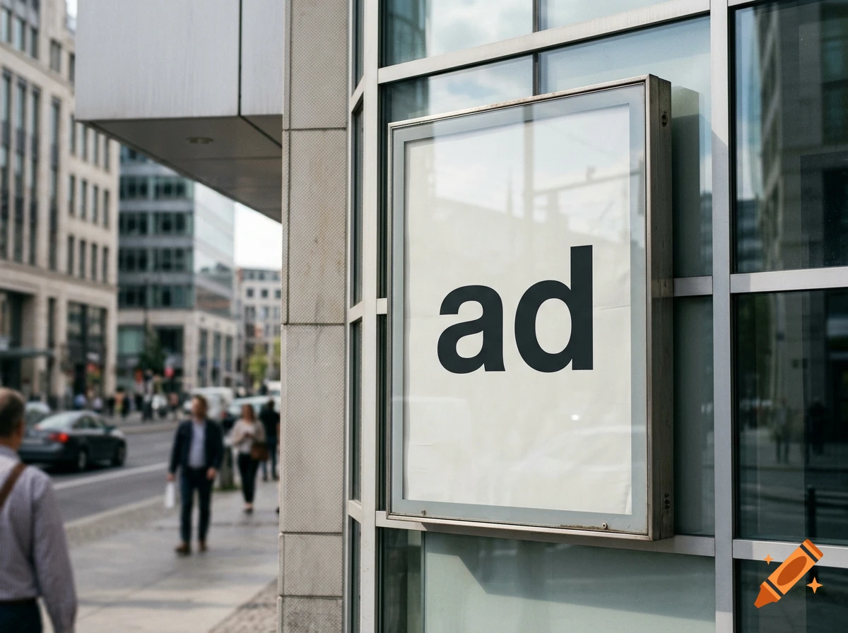 An advertisement panel with the text ad mounted on a modern glass and stone building alongside a city street.