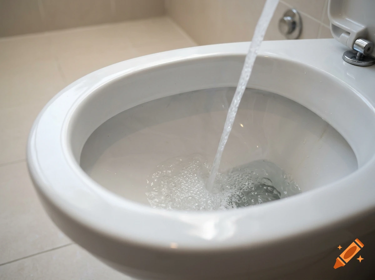 Water pouring into a clean white toilet bowl, filling it up with clear water and bubbles.