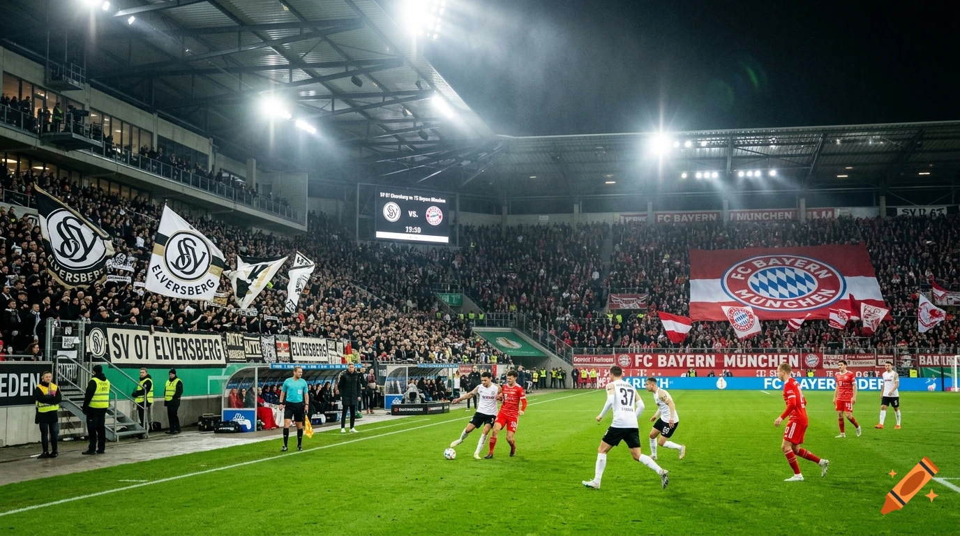 Photorealistic soccer match in a large illuminated stadium with fans and team banners.
