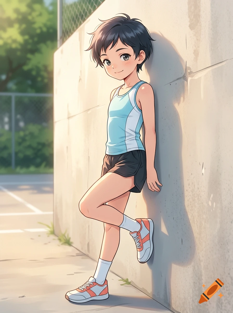 An anime-style illustration of a young athlete with short dark hair leaning against a concrete wall outdoors, wearing a light blue athletic top, dark shorts, and sneakers.