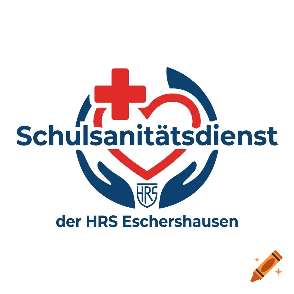 Logo for Schulsanitätsdienst der HRS Eschershausen featuring a red cross, red heart, blue hands, and a shield.