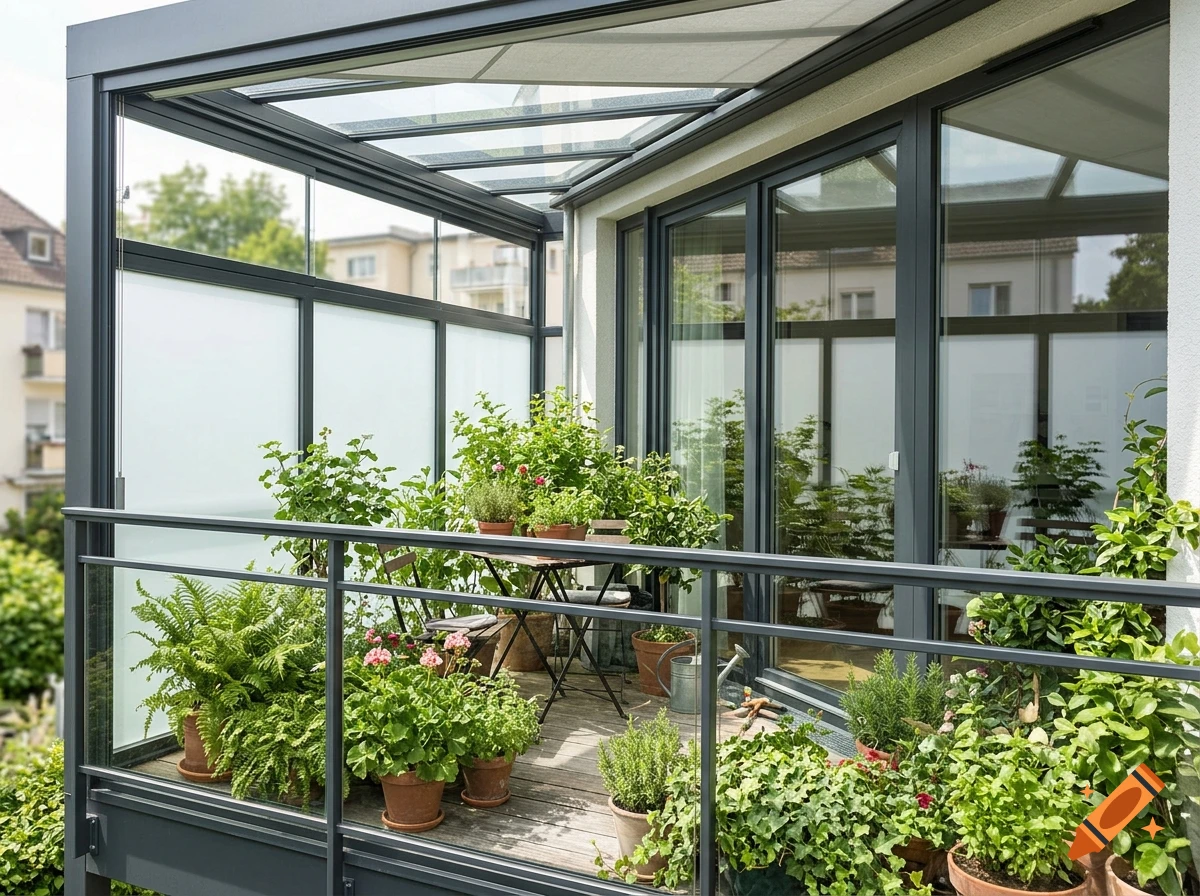 Photorealistic balcony conservatory filled with potted plants, glass roof, and aluminium railing.