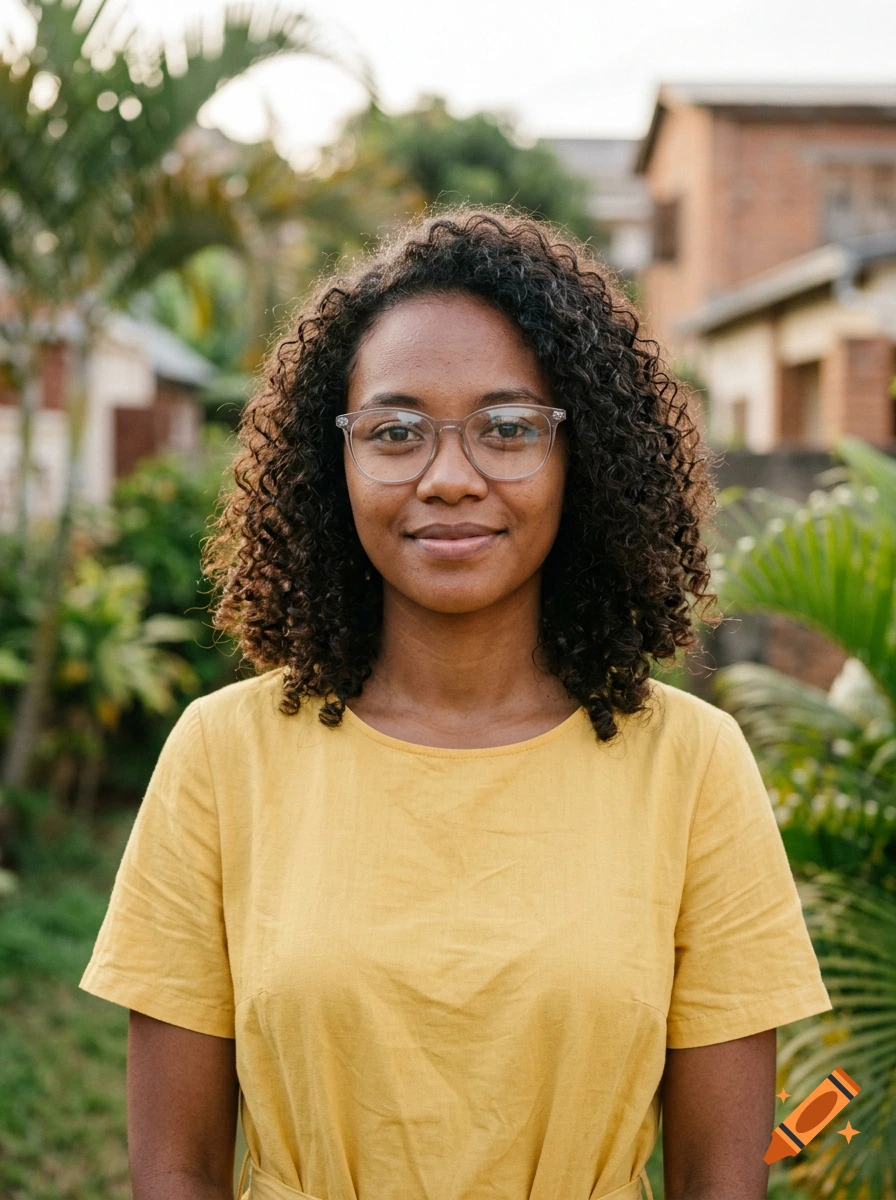 Photorealistic portrait of a young Malagasy woman with curly brown hair and glasses, wearing a yellow dress outdoors.