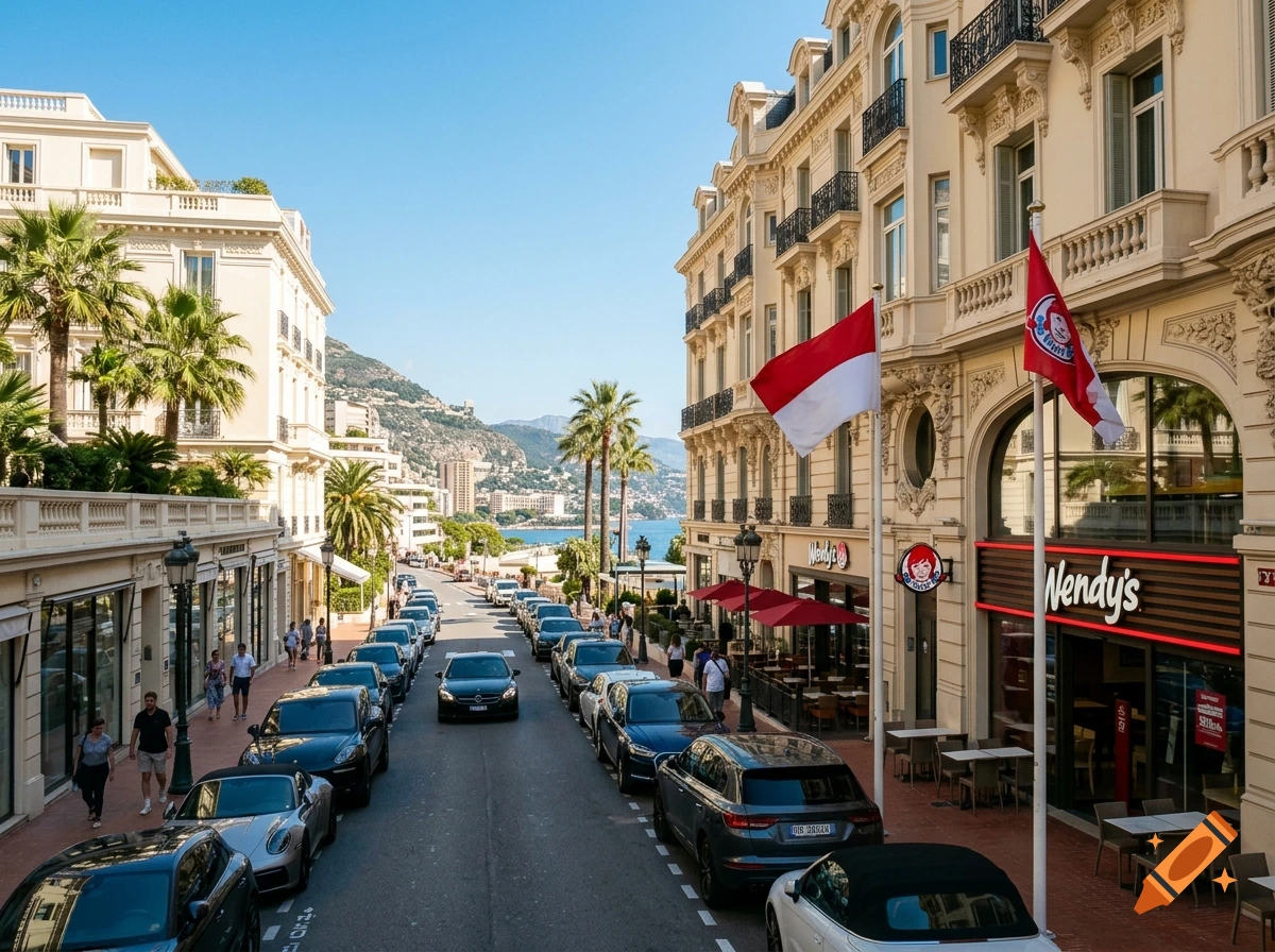 Photorealistic street view of Monaco featuring classic European buildings, parked cars, palm trees, and a Wendy's restaurant.