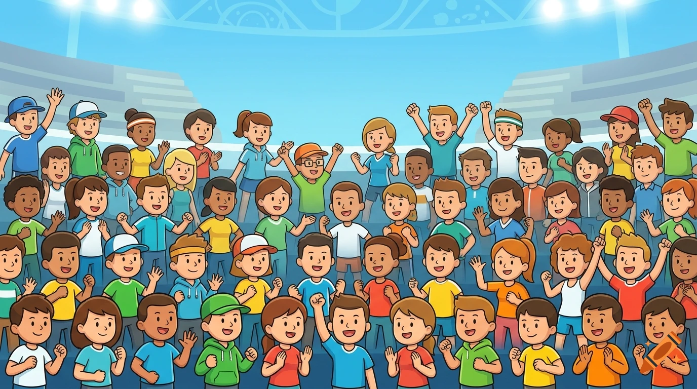 Vector illustration of a diverse, cheering stadium crowd in a video game style.