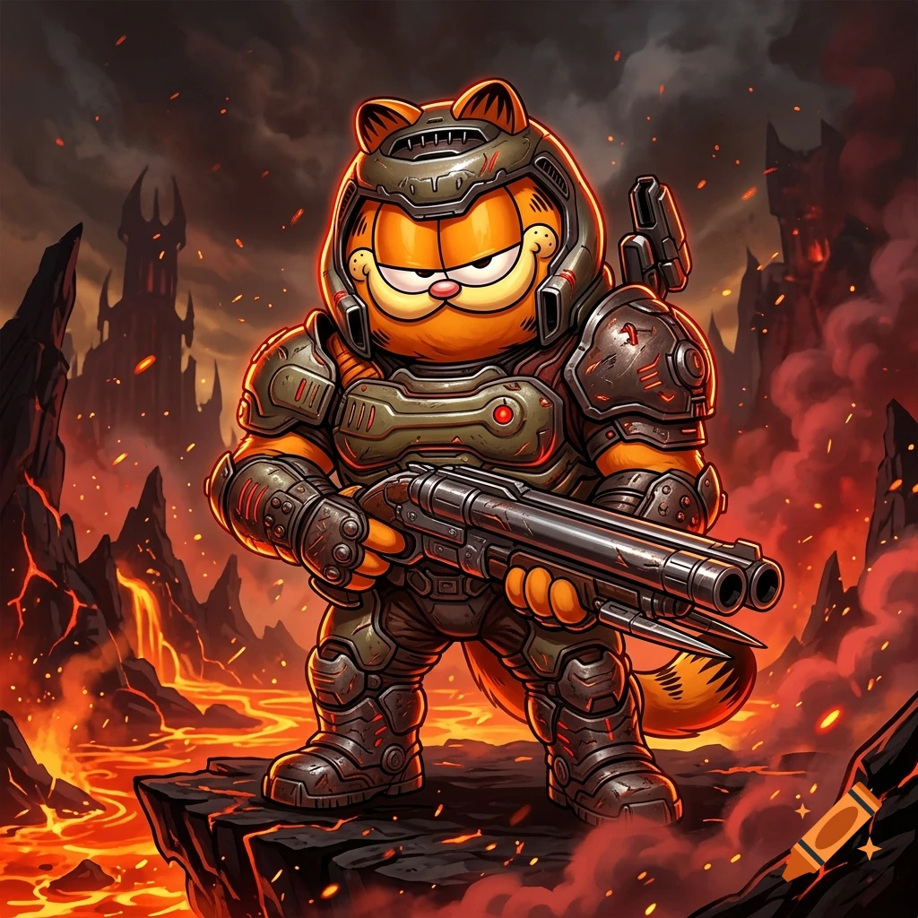 Cartoon Garfield wearing Doom Guy armor holding a shotgun in a fiery hell landscape, digital illustration.
