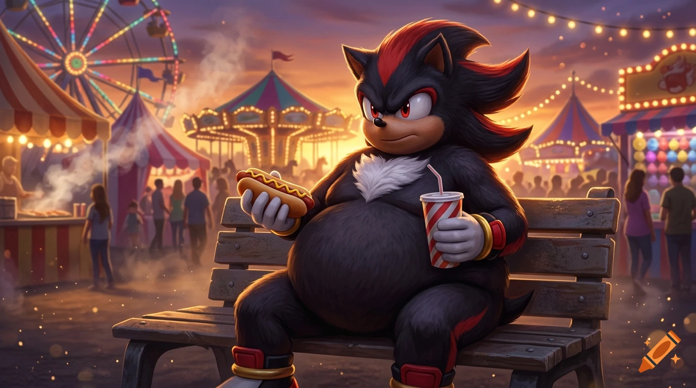 Morbidly obese Shadow the Hedgehog sitting on a park bench, eating a hot dog and drinking a soda at a carnival during sunset in a digital art style.