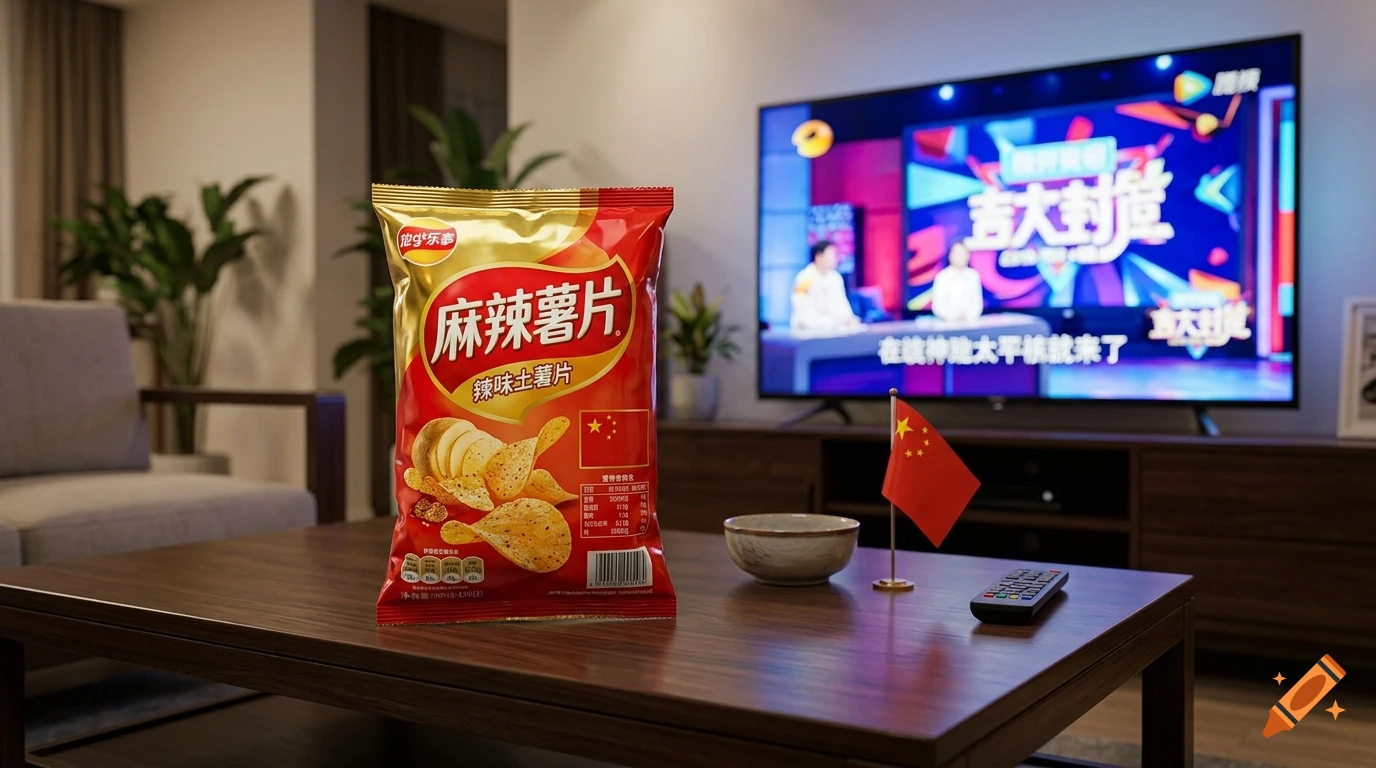 A bag of potato chips sits on a coffee table in a living room with a television in the background.