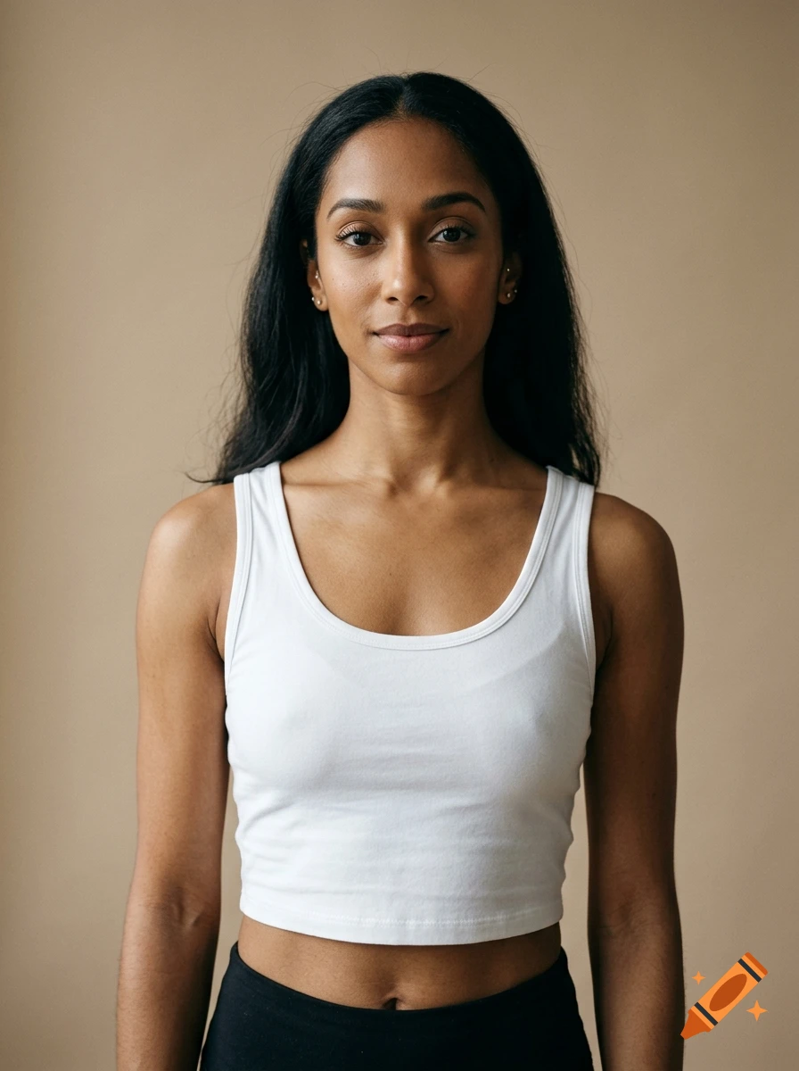 Photorealistic portrait of a woman with long black hair wearing a white tank top and black leggings against a neutral beige background.