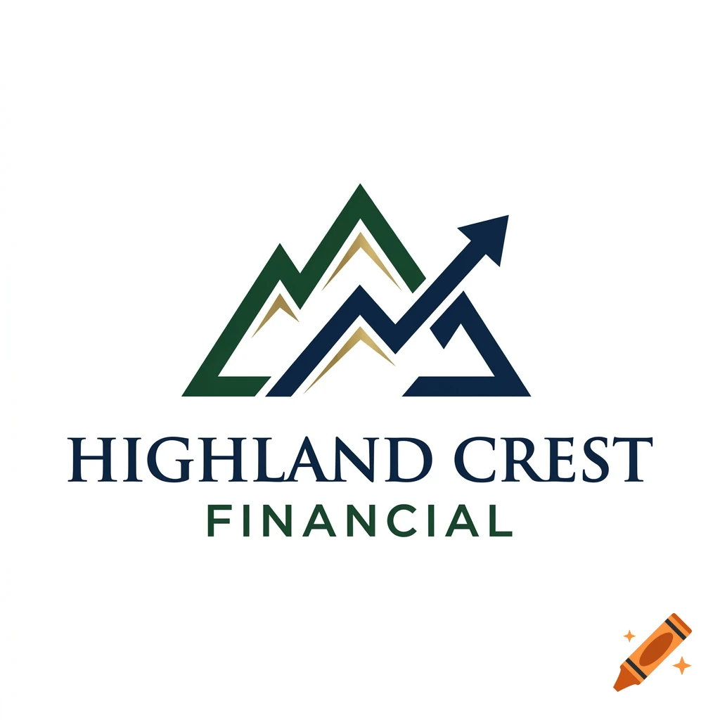 Logo for Highland Crest Financial featuring mountains and an upward financial arrow.