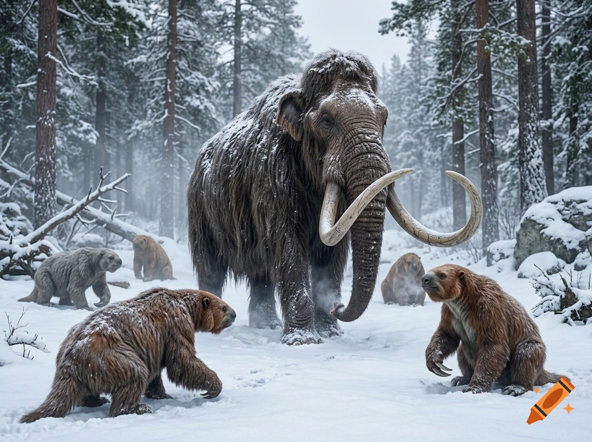 Photorealistic image of a giant woolly mammoth and several giant sloths in a snowy pine forest.