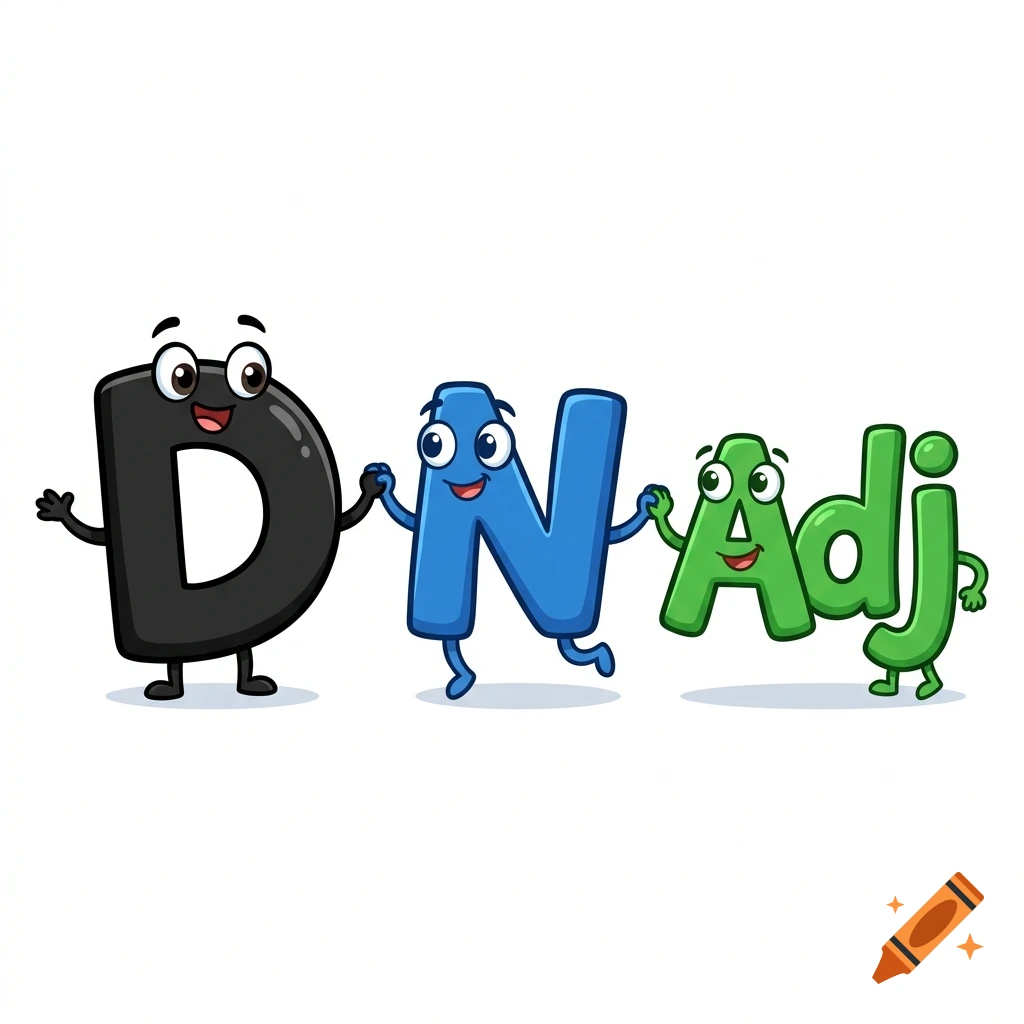Cartoon letters D, N, and Adj with faces and limbs holding hands on a white background.