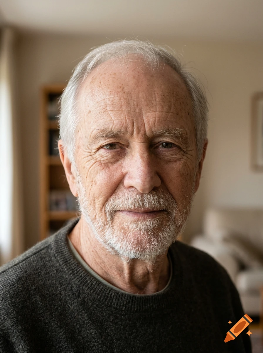 Portrait of an older man with short gray hair and a matching beard, wearing a dark sweater indoors.