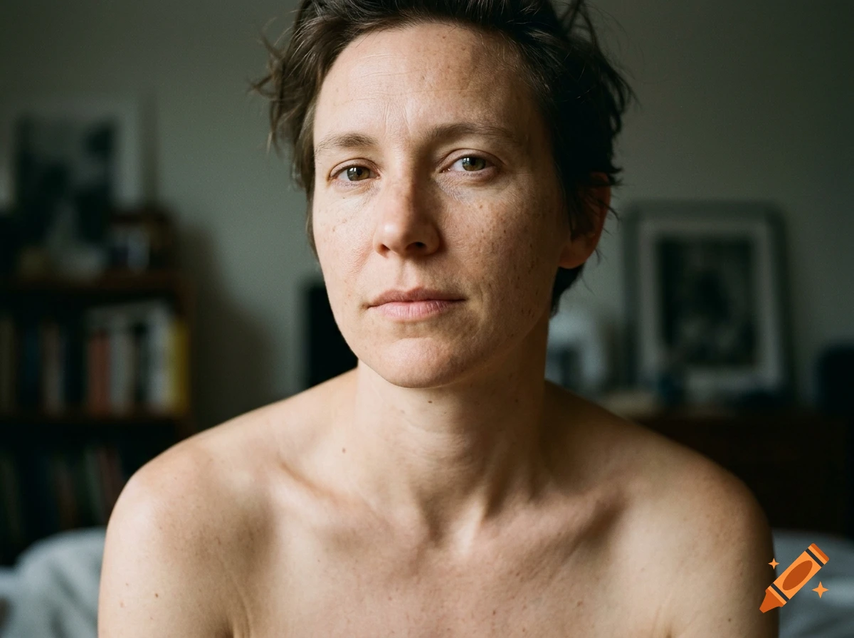 Photorealistic close-up portrait of a person with short brown hair and freckles looking directly at the camera.