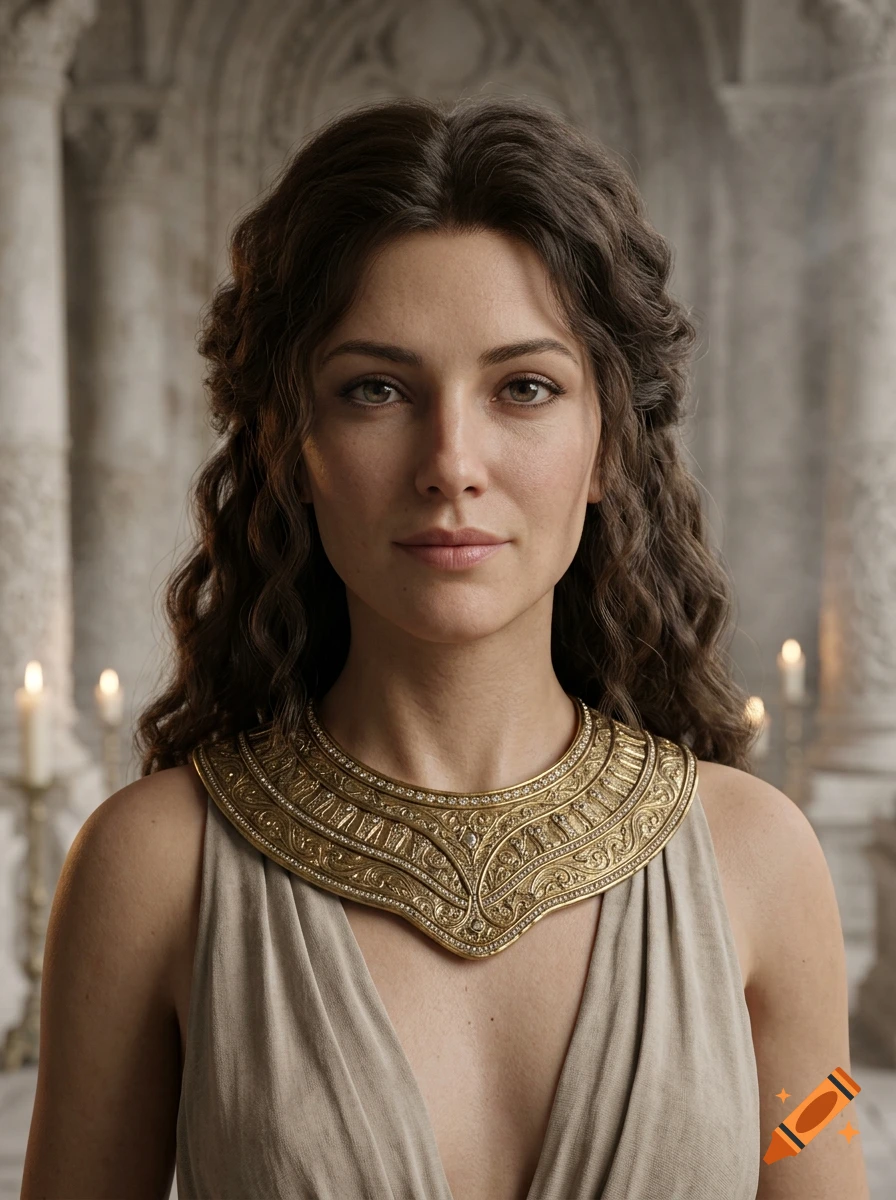 Portrait of a woman with long dark wavy hair wearing an elaborate gold collar necklace and a light-colored dress, set against a stone interior with pillars.