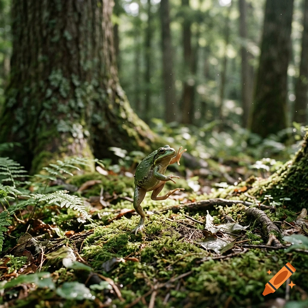 Photorealistic green frog dancing on mossy forest floor among trees and ferns.