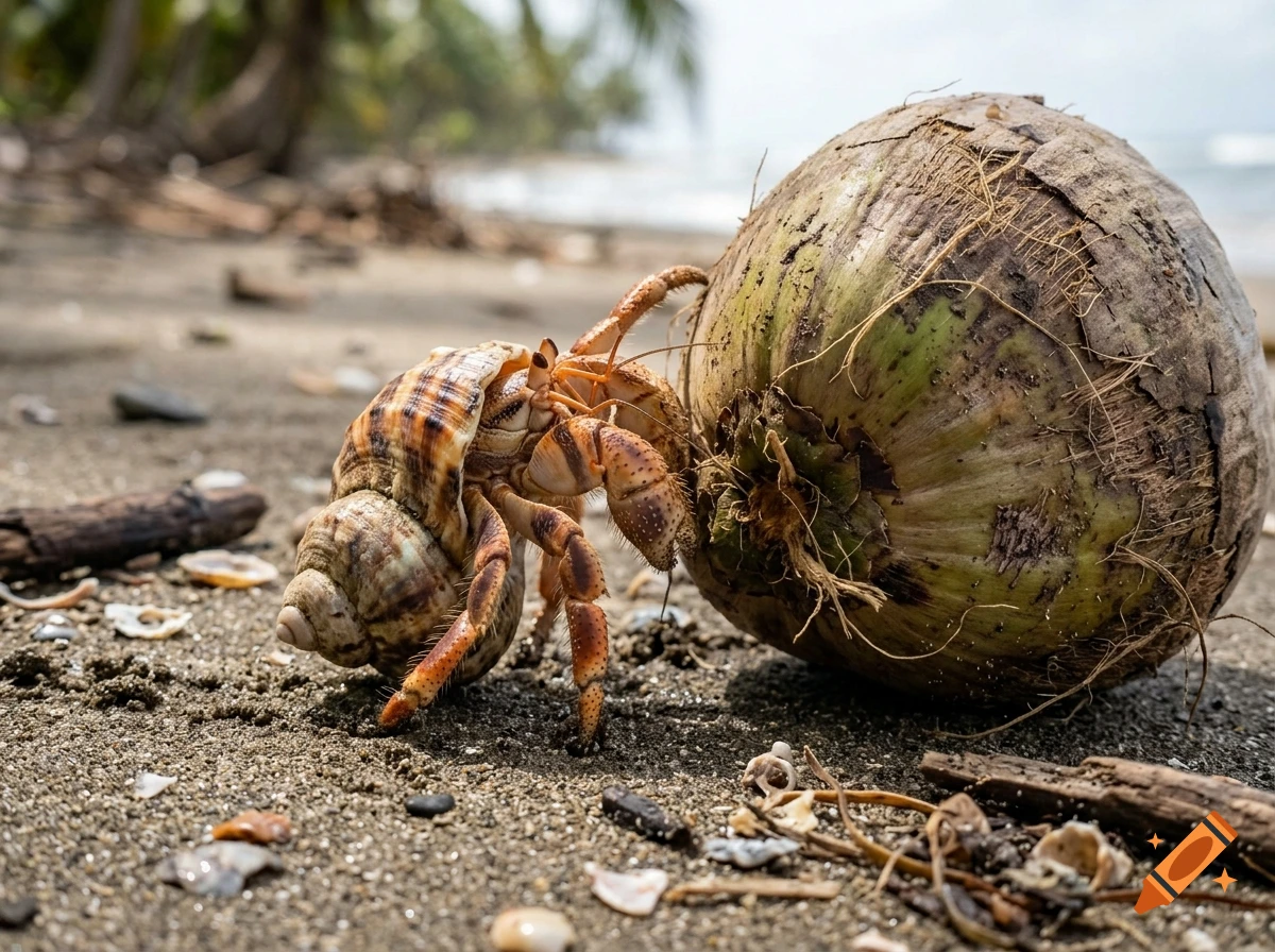 Photorealistic image of a hermit crab in its shell standing on sand next to a fallen coconut on a beach.