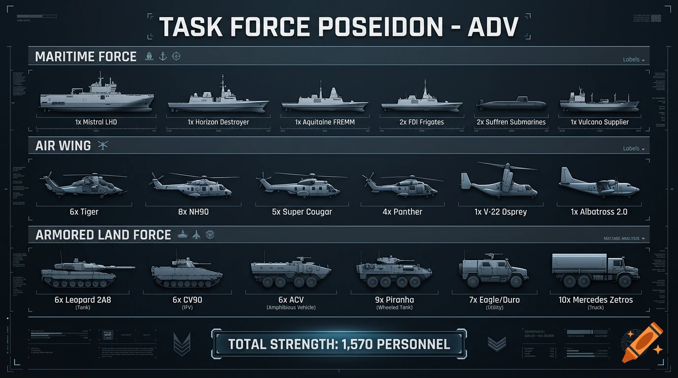 Military infographic poster titled Task Force Poseidon - Adv, displaying naval, air, and land forces with technical illustrations.