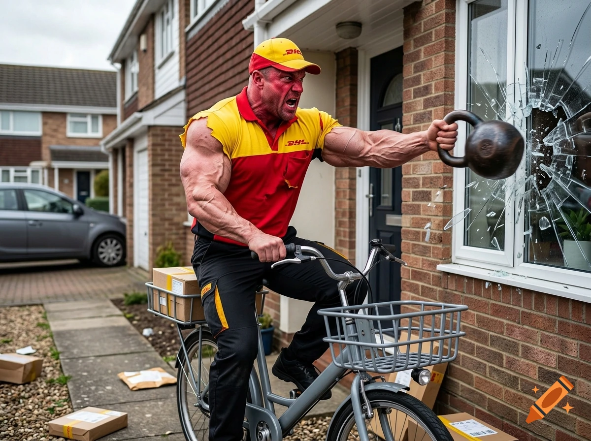 Photorealistic image of a muscular DHL delivery worker in a red cap smashing a window with a kettlebell while sitting on a bicycle.