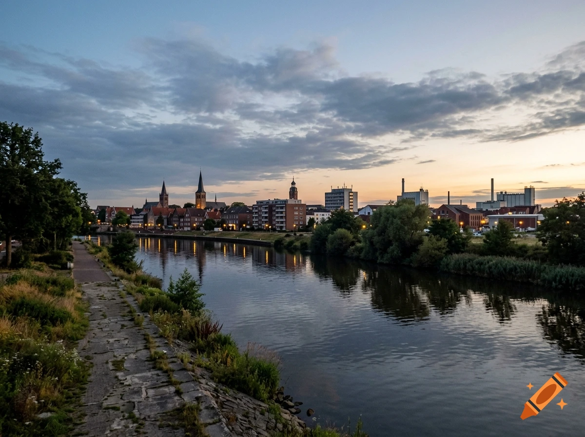 Photorealistic sunset view of the skyline of Lingen (Ems) along a river with a stone path in the foreground.