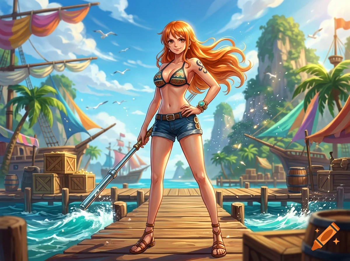 Anime style illustration of Nami from One Piece standing on a wooden dock holding a staff, with tropical background and ships.