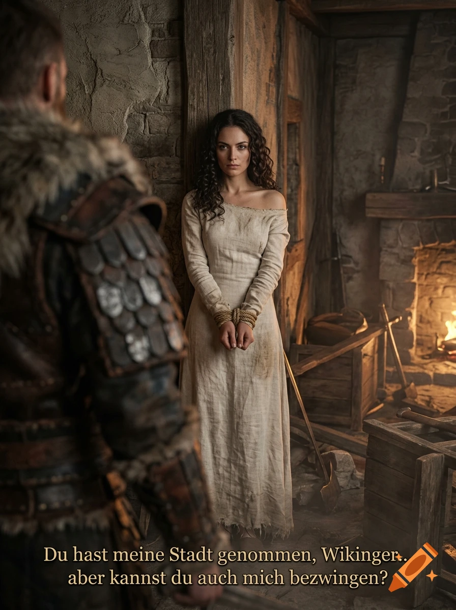 Photorealistic scene of a captive woman with tied hands leaning against a stone wall, facing a Viking warrior.