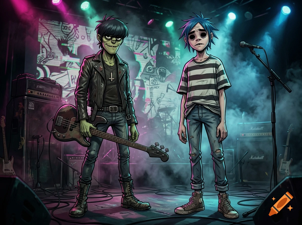 Animated illustration of Murdoc and 2D from the band Gorillaz performing on stage with musical instruments and lighting.