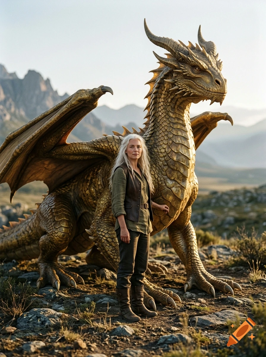 Photorealistic image of a white-haired young woman standing beside a large golden dragon in a rocky landscape.