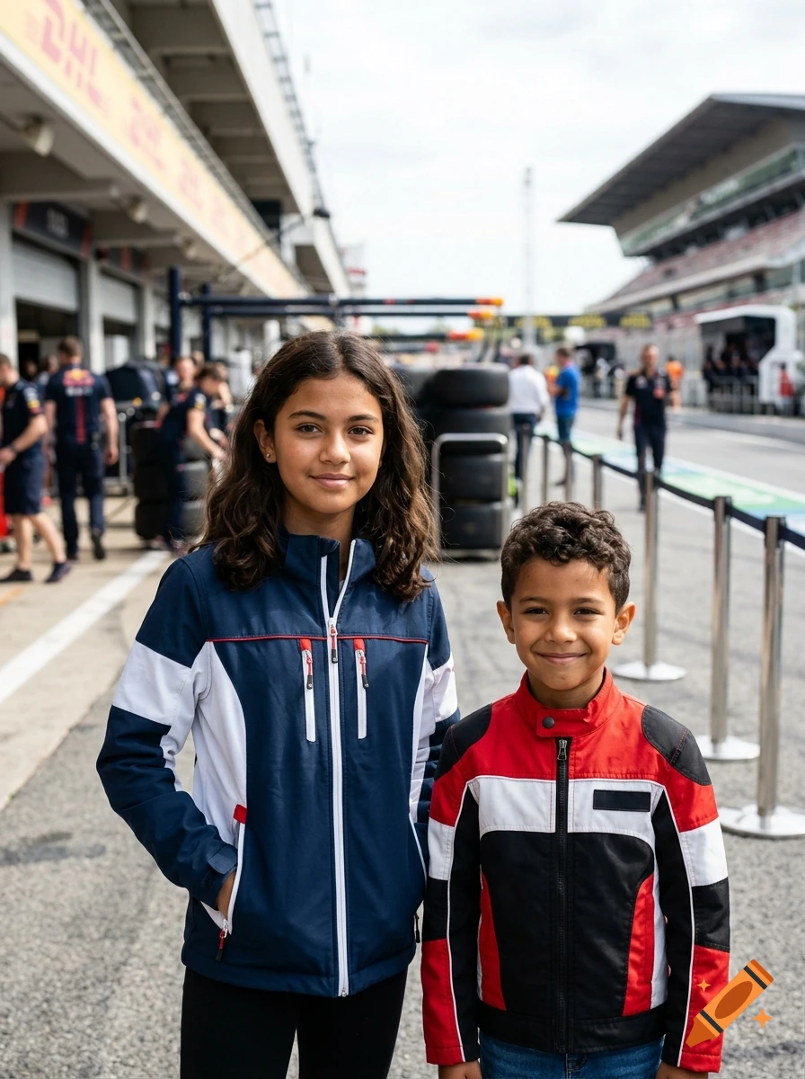 Photorealistic image of two children posing in a pit lane wearing racing jackets.