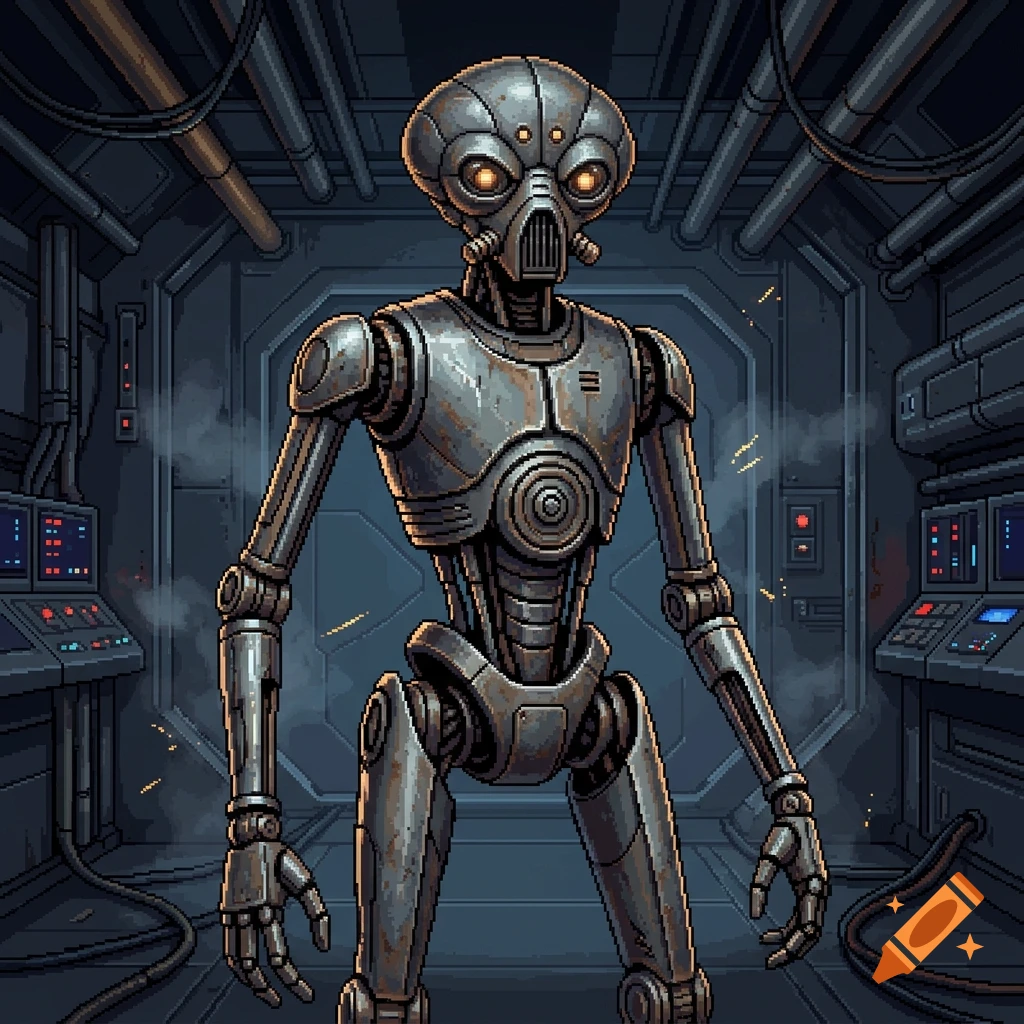 16-bit pixel art of a rusty metal robot standing in a futuristic spaceship corridor.
