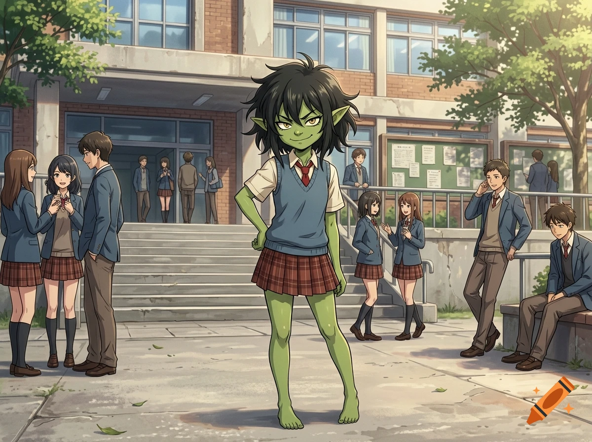 Anime style illustration of a green-skinned goblin woman with messy black hair and yellow eyes, wearing a school uniform, standing barefoot in a school courtyard surrounded by other students.