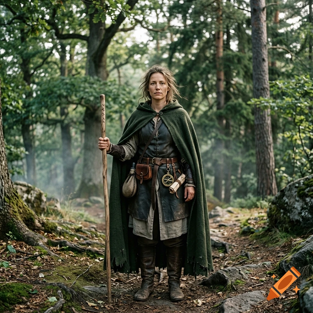 Photorealistic image of a female mage in travel garb and a green hooded cloak holding a wooden staff in a forest path.