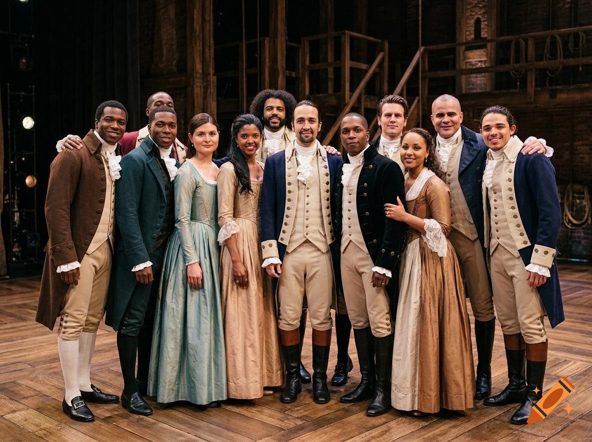 The original cast of the musical Hamilton posing together on a wooden stage.