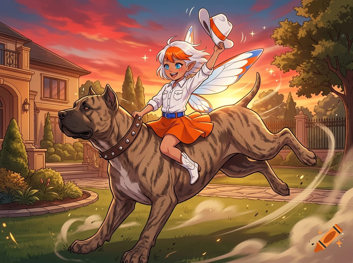 An anime-style illustration of a winged fairy girl riding a large brindle dog across a lawn at sunset.
