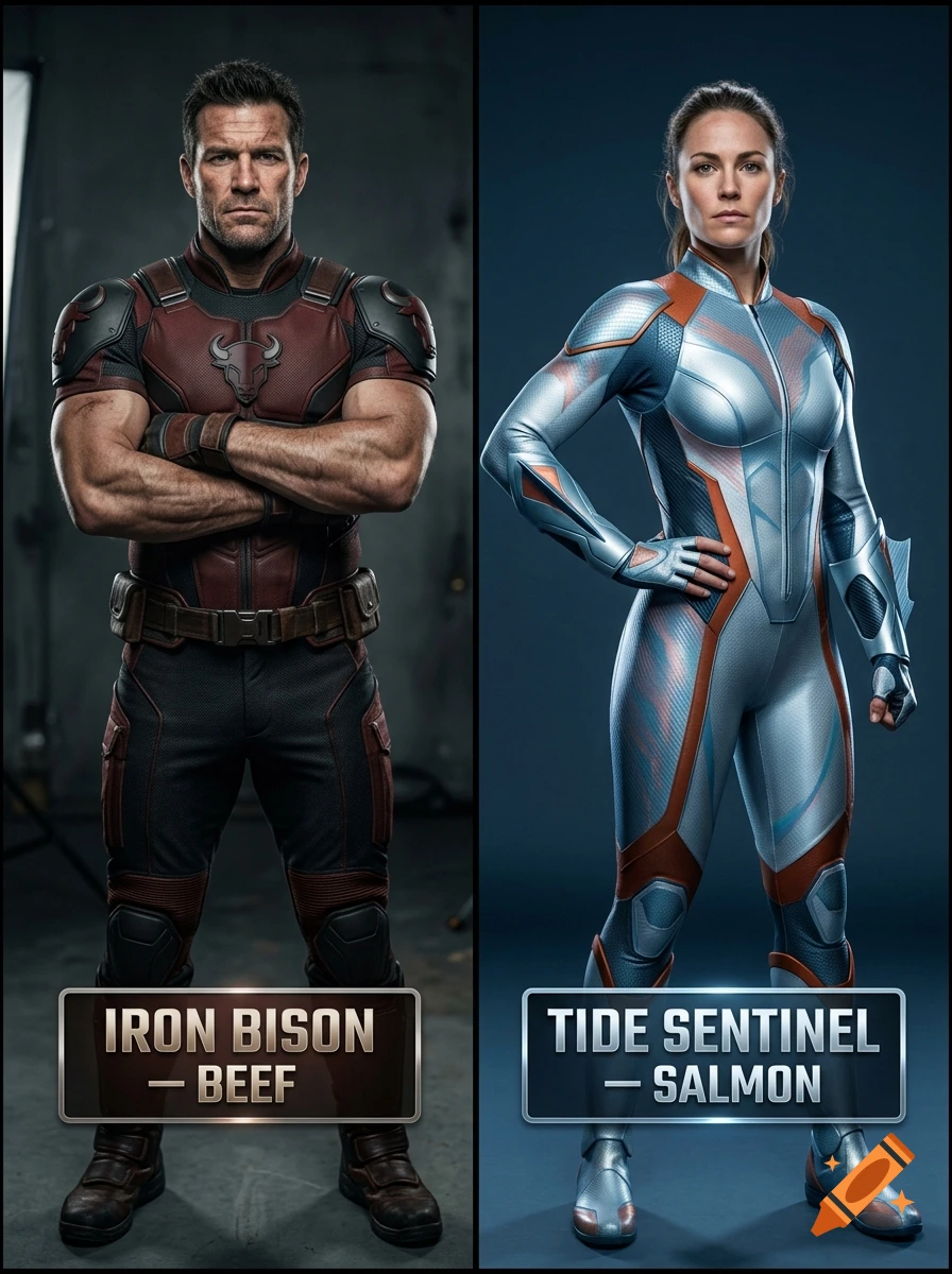 Split view of two photorealistic superheroes, Iron Bison and Tide Sentinel, standing in a studio setting.
