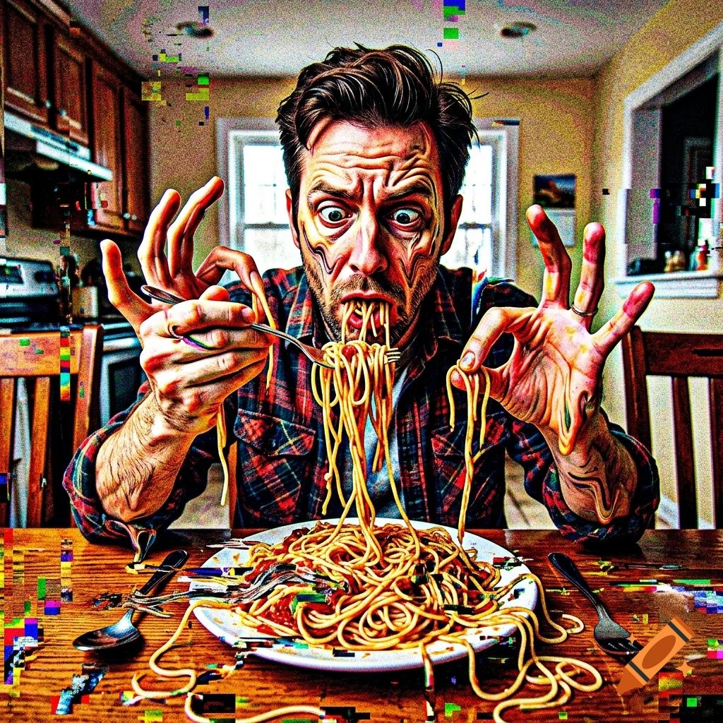 Surreal glitch art of a wide-eyed man with distorted hands eating spaghetti in a kitchen, deep-fried aesthetic.