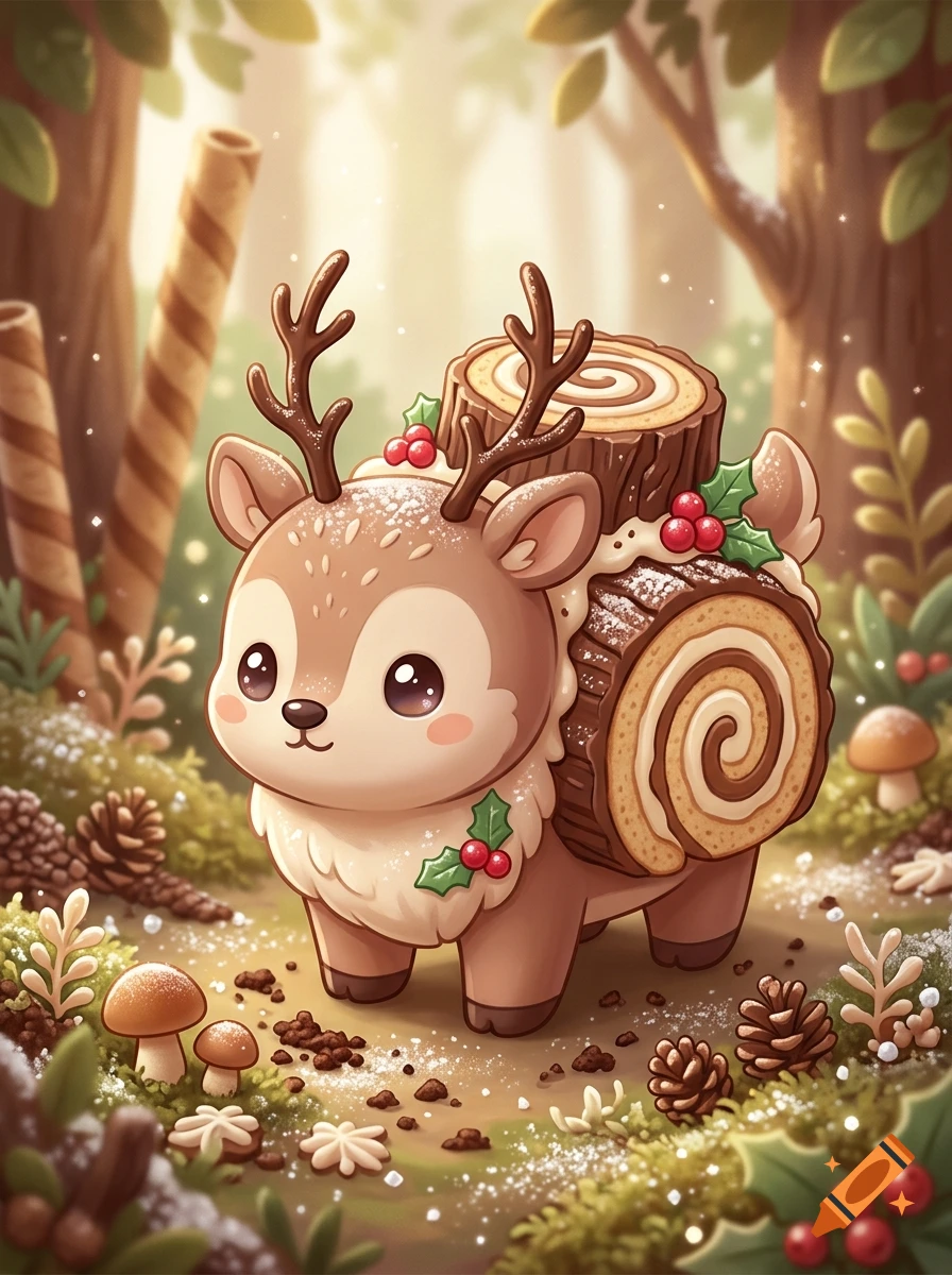 A cute cartoon deer combined with a Yule log cake stands in a snowy forest with mushrooms and pinecones.