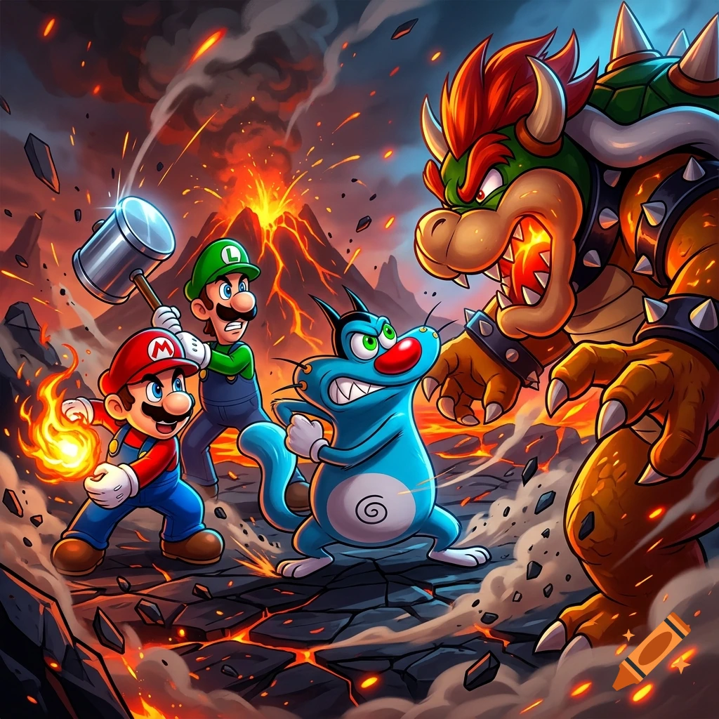 Action-packed digital illustration of Mario, Luigi, and Oggy fighting Bowser in a volcanic landscape.