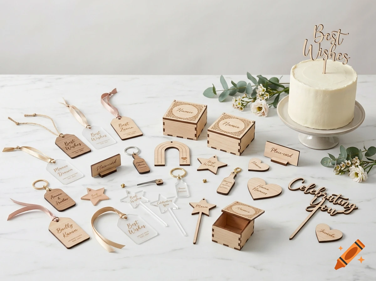 Arrangement of engraved wooden and acrylic party favors, tags, boxes, and a cake with a Best Wishes topper on a white table.