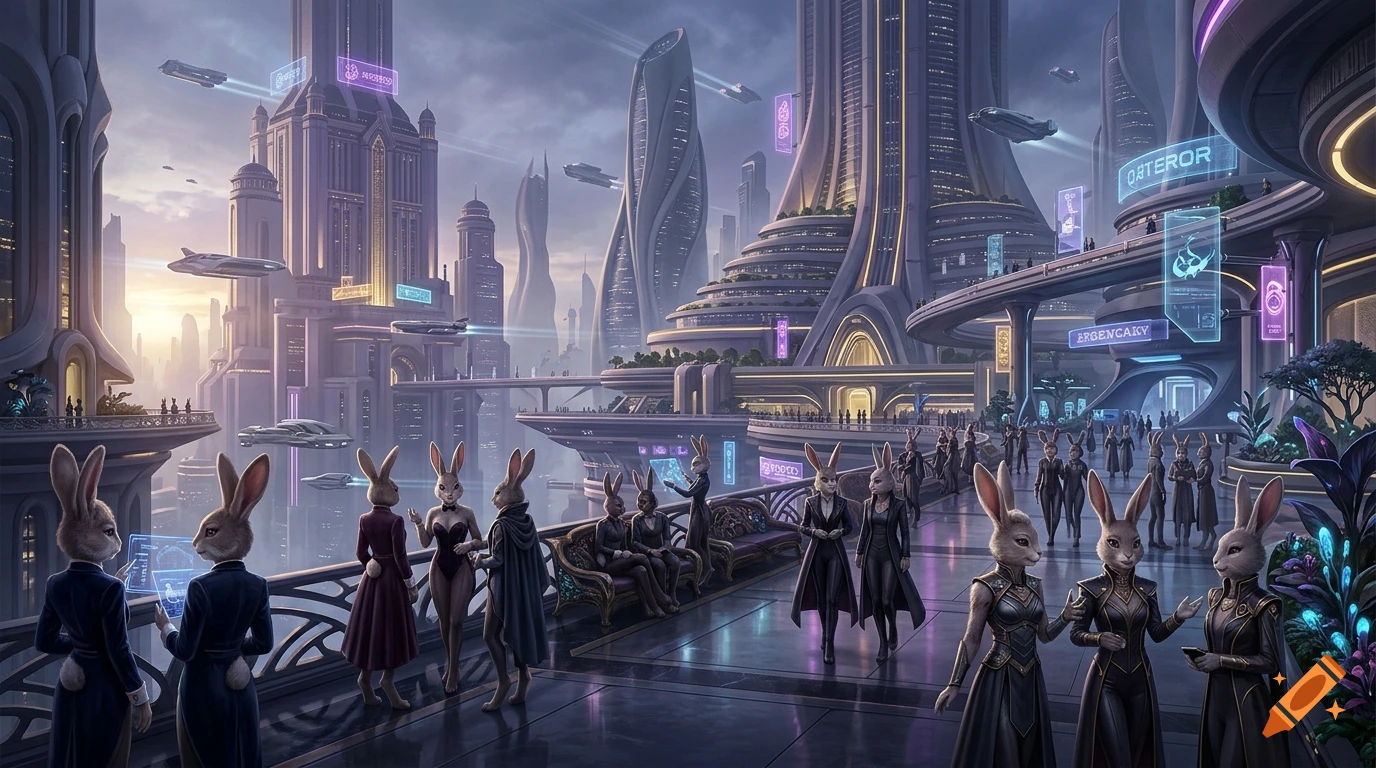 Sci-fi city with glowing neon lights, floating spaceships, and elegant humanoid rabbit characters in a digital art style.