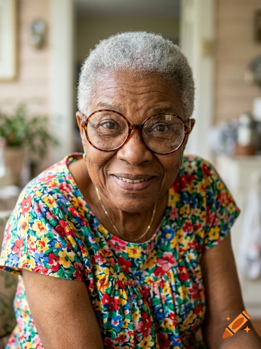 Portrait of a smiling elderly Black woman with short gray hair and glasses, wearing a colorful floral dress, photorealistic.